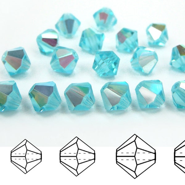 Aqua AB coated Traditional Czech Glass MC Bicone Beads Rondell Diamond Shape 3mm 4mm 6mm 8mm Light Blue Bohemica Aurora Borealis Crystals