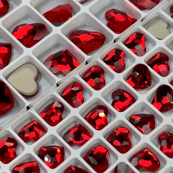 Light Siam, Preciosa Czech MC Love HEART Maxima Flatback Stones Style #438-18-301 Silver Foiled, red, sizes 10mm and 14mm