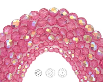 Crystal Pink Rose AB coated Czech Fire Polished Round Faceted Glass Beads 16 inch 3mm 4mm 6mm 8mm Traditional Preciosa  Pink Aurora Borealis