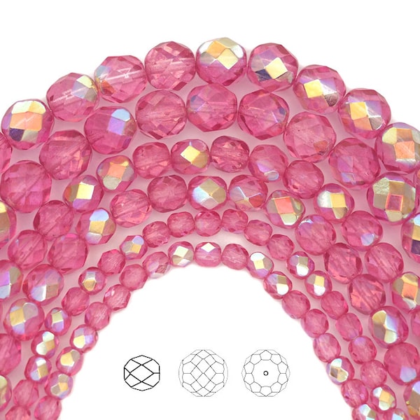 Crystal Pink Rose AB coated Czech Fire Polished Round Faceted Glass Beads 16 inch 3mm 4mm 6mm Traditional Preciosa  Pink Aurora Borealis ctd