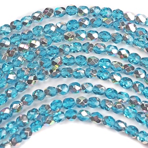 Aqua VL Vitrail Light coated Czech Fire Polished Round Faceted Glass Beads 16 inch Traditional light blue w silvery metallic coat 4mm 6mm