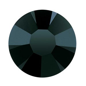May include: A faceted, round, black crystal with a glossy finish. The gemstone has multiple triangular facets that reflect light, creating a sparkling effect. The crystal is set against a white background.
