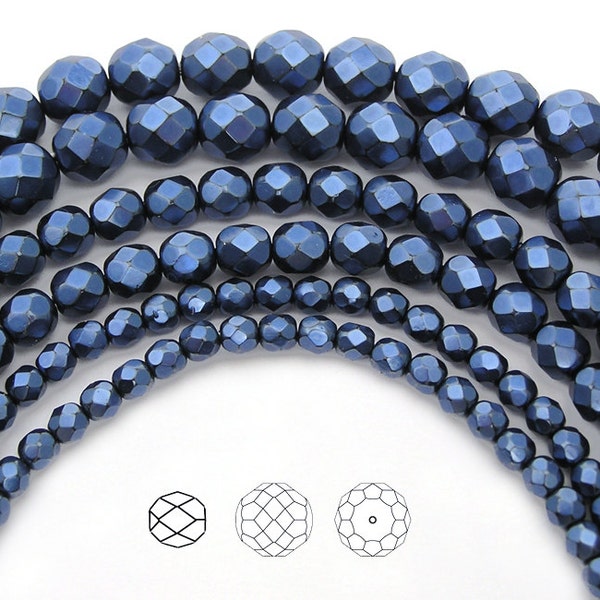 Czech Glass Fire Polished Beads in Blue Carmen Metallic Pearl Traditional Preciosa Faceted Pearls in sizes 3mm 4mm 6mm 8mm and 10mm