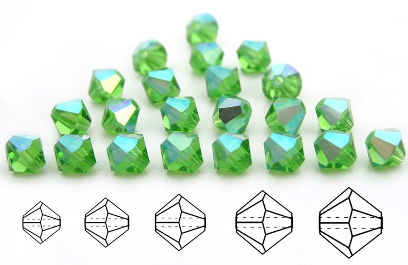 Czech MC Bicone Bead 4mm or 6mm Rondell, Diamond Shape Peridot AB coated in 3mm Aurora Borealis Crystals Light Green AB Coated Beads