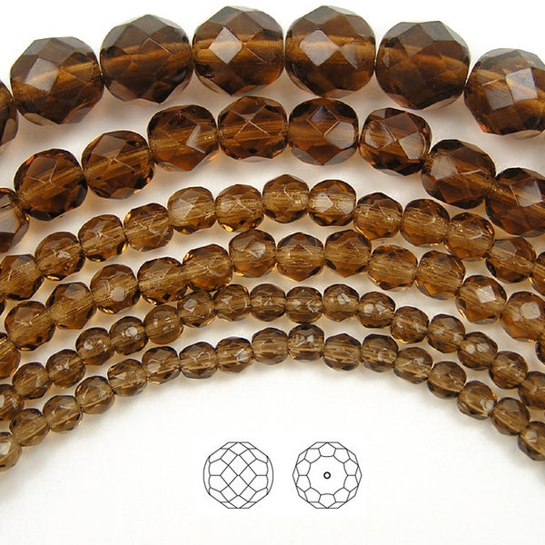 Smoked Topaz Czech Fire Polished Round Faceted Glass Beads in sizes 3mm 4mm 6mm 8mm 10mm 12mm 14mm Brown Preciosa Fire Polish