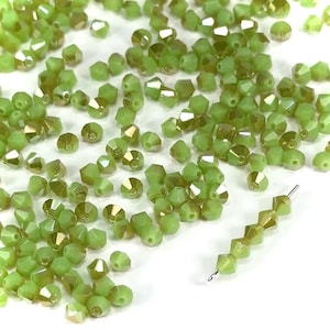 Green Opal Celsian coated Czech Glass Beads Machine Cut Bicones MC Rondell Diamond Shape green crystals 4mm