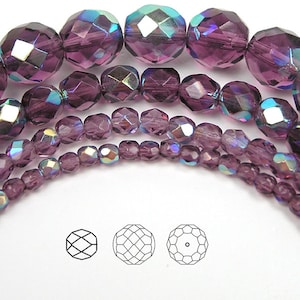 Amethyst AB coated Czech Fire Polished Round Faceted Glass Beads 16 inch Preciosa 3mm 4mm 6mm 8mm Purple with Aurora Borealis coating