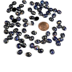 Black FireOpal Silver Inlaid Vintage Czechoslovakian Glass Medium Dome Oval Cabochons 72 pieces size 10x8mm in original packaging J726