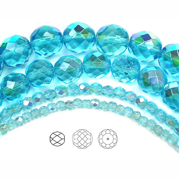 Aqua AB coated Czech Fire Polished Round Faceted Glass Beads 16 inch Preciosa 3mm 4mm 6mm 7mm 8mm 10mm 12mm light blue Aurora Borealis