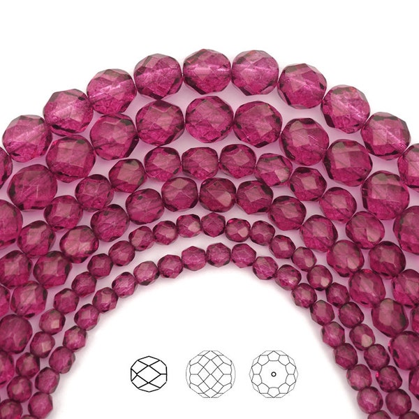 Crystal Pink Flare coated Czech Fire Polished Round Faceted Glass Beads 16 inch 3mm 4mm 6mm Traditional Preciosa Dark Pink Beads full coat