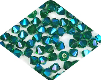 Medium Emerald full AB Double coated AB2X Traditional Czech Glass MC Bicone Beads Rondell Crystals 3mm 4mm 6mm Preciosa Green 2x Aurora Bore