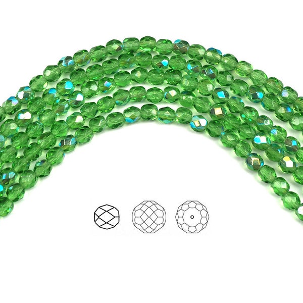 Peridot AB coated Czech Fire Polished Round Faceted Glass Beads 16 inch 3mm 4mm 6mm 8mm Traditional Preciosa Green Aurora Borealis