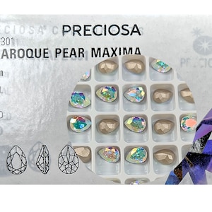 Crystal AB, Preciosa Czech MC Baroque Pearshape Maxima Pointed Back Strass style 435-16-301 en taille 8x6mm, 12 pcs, Silver Foiled, P912
