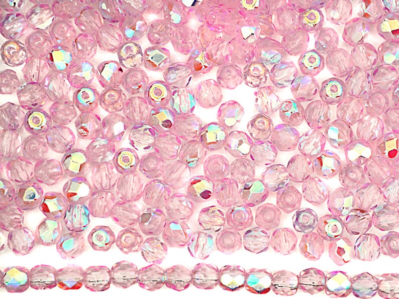 Crystal Pink Shimmer AB coated Czech Fire Polished Round Faceted Glass Beads 16 inch 3mm 4mm 6mm Traditional Preciosa Pink Aurora Borealis image 6