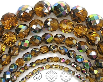 Perlas de vidrio facetadas redondas pulidas al fuego con revestimiento de topacio Vitrail de 16 pulgadas, 3 mm, 4 mm, 6 mm y 8 mm, de color marrón dorado Preciosa tradicional, tamaño mediano