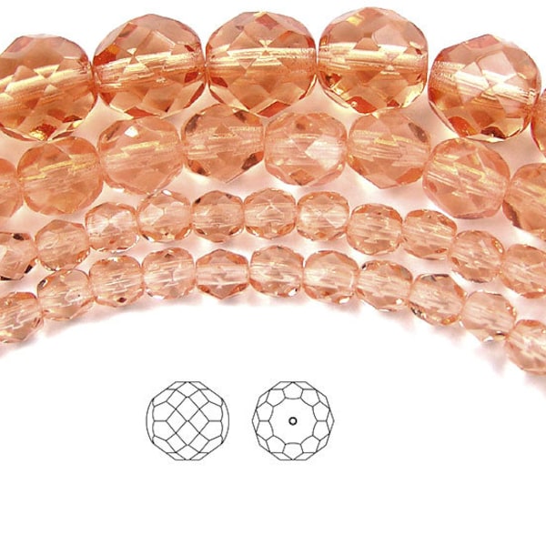 Light Peach Rosaline Czech Fire Polished Round Faceted Glass Beads 16 inch 3mm 4mm 6mm 7mm 8mm 10mm 12mm Traditional Preciosa Skin Pink