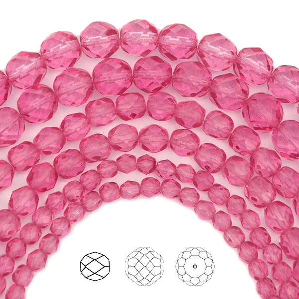 Crystal Pink Rose coated Czech Fire Polished Round Faceted Glass Beads 16 inch 3mm 4mm 6mm Traditional Preciosa Pink Beads fully coated