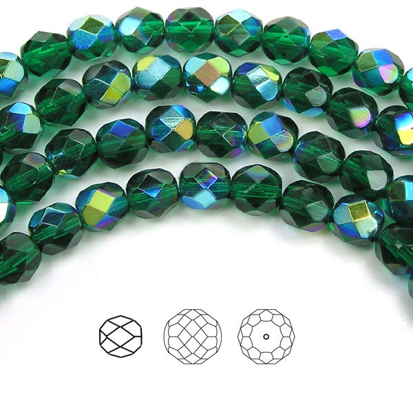 Medium Emerald AB coated Czech Fire Polished Round Faceted Glass Beads 16 inch 3mm 4mm 6mm 8mm Traditional Preciosa Green Aurora Borealis