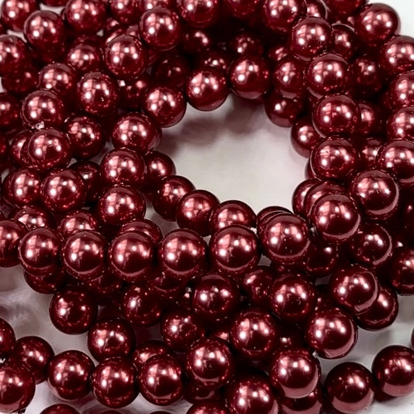 Vivid Burgundy Pearl Czech Round Glass Imitation Pearls in 2mm 3mm 4mm 6mm 8mm Traditional Crystal Nacre Pearls