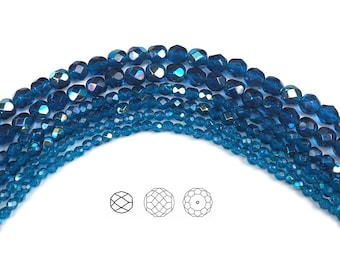 Dark Aqua AB coated Czech Fire Polished Round Faceted Glass Beads 16 inch 3mm 4mm 6mm Traditional Preciosa deep blue with Aurora Borealis