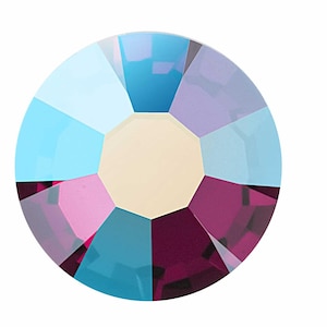 May include: A round, iridescent crystal with a multifaceted design. The crystal features a central, light beige octagon surrounded by triangular facets in shades of blue, purple, pink, and deep magenta. The crystal is designed to reflect light.