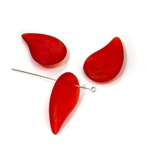 Czech Pressed Druk Glass Beads, Large Leaf with Top Hole To Be Used As a Pendant, 34x20mm Light Siam Red Matted, 3 pieces, CL023