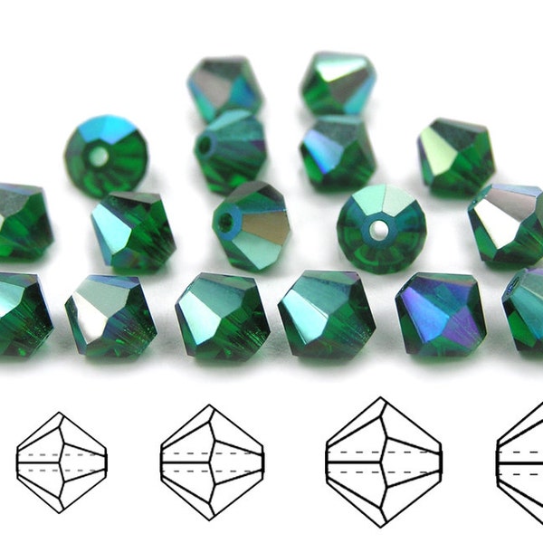 Medium Emerald AB coated Traditional Czech Glass MC Bicone Beads Rondell Diamond Crystals 3mm 4mm 6mm Preciosa Green Aurora Borealis