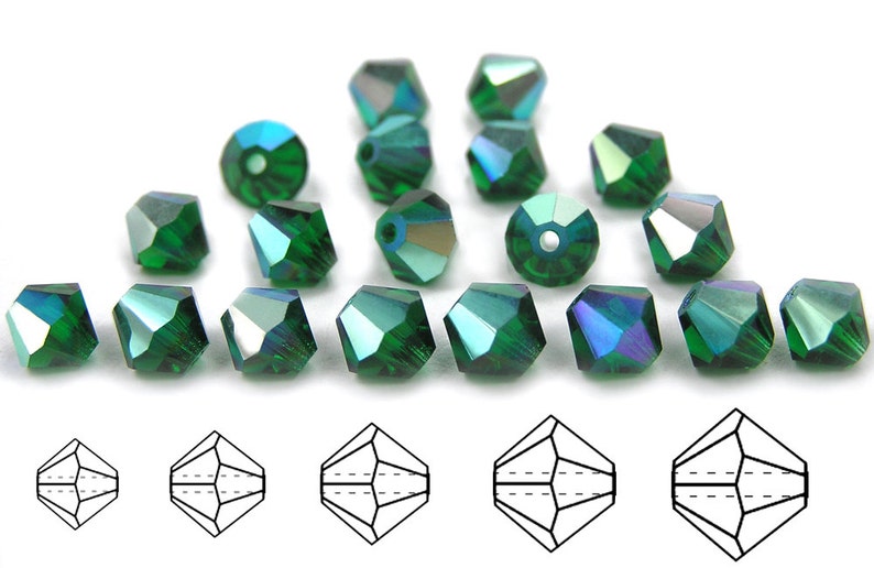 Aurora Borealis Green AB Color Beads Medium Emerald AB coated 4mm andor 6mm Czech MC Bicone Bead in 3mm Rondell, Diamond Shape