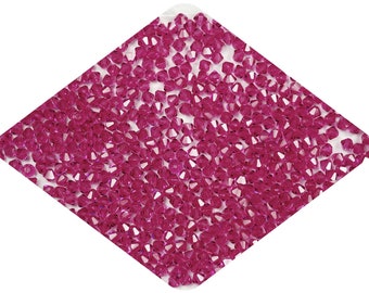 May include: A close-up view of a large quantity of small, faceted, pink glass beads. The beads are arranged in a random pattern and have a shiny, iridescent finish.