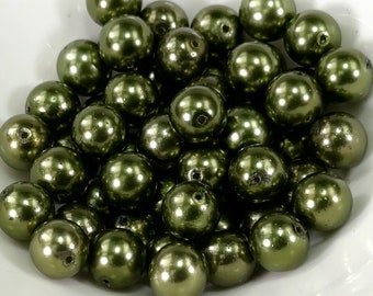 Perle d'imitazione ceche rotonde in vetro verde scuro Olivina Colore perla 8 mm 10 mm