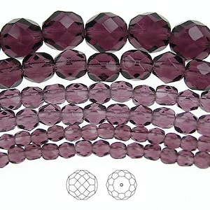 8mm (51cs) Amethyst, Czech Fire Polished Round Faceted Glass Beads, 16 inch strand