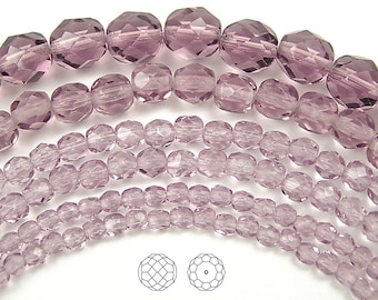 Light Amethyst Czech Fire Polished Round Faceted Glass Beads 16 inch strand 3mm 4mm 6mm 8mm 10mm 12mm Preciosa Traditional Czech Glass Beads