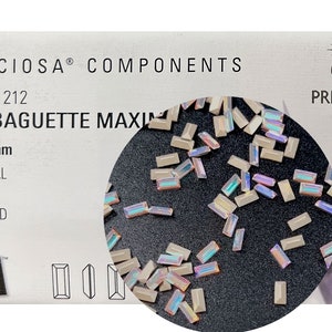 Crystal AB, Preciosa Czech MC BAGUETTE Maxima Pointed Back Rhinestones style 435-26-212 in size 5x2.5mm, 72 pieces, Silver Foiled, P919