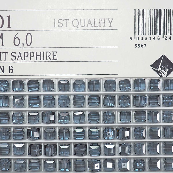 Swarovski Art 5601 6mm Light Sapphire Satin coated Crystal Cube Beads 12pcs