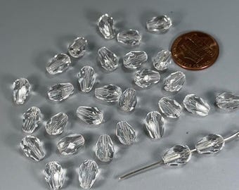 Czech Glass Pear Shaped Fire Polished Beads 10x7mm clear Crystal Tear Drops, 30 pieces, J553S