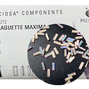 Crystal AB, Preciosa Czech MC BAGUETTE Maxima Pointed Back Rhinestones style 435-26-212 in size 6x2mm, 36 pieces, Silver Foiled, P920