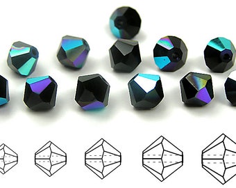 Jet AB coated Traditional Czech Glass MC Bicone Beads Rondell Diamond Crystals 3mm 4mm 5mm 6mm 8mm Preciosa Black Aurora Borealis coated
