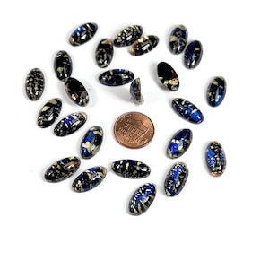 Black FireOpal Silver Inlaid Vintage Czechoslovakian Glass Medium Dome Oval Cabochons 24 pieces size 18x9mm in original packaging J731