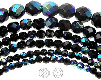10mm 41pcs Jet AB coated Czech Fire Polished Round Faceted Glass Beads 16 inch strand