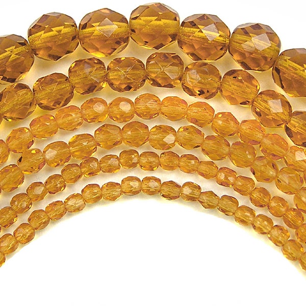 Light Topaz Czech Fire Polished Round Faceted Glass Beads 16 inch 3mm 4mm 6mm 8mm 10mm 12mm Traditional Preciosa Golden Brown Beads