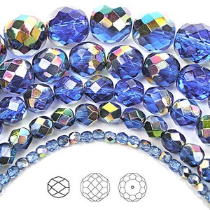 Sapphire Vitrail coated Czech Fire Polished Round Faceted Glass Beads 16 inch 3mm 4mm 6mm 8mm Traditional Preciosa Blue and Green Metallic