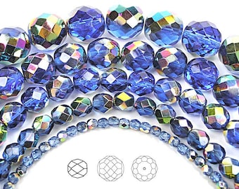 Sapphire Vitrail coated Czech Fire Polished Round Faceted Glass Beads 16 inch 3mm 4mm 6mm 8mm Traditional Preciosa Blue and Green Metallic