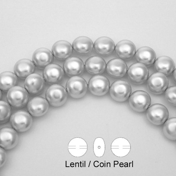 50 Czech Lentil, Coin Glass Pearls 9x6mm Silver Pearl