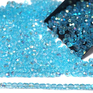 600 Aqua AB coated 3mm Preciosa Czech Fire Polished Round Faceted Glass Beads Traditional Czech Glass Fire Polish Light Blue Aurora Boreale