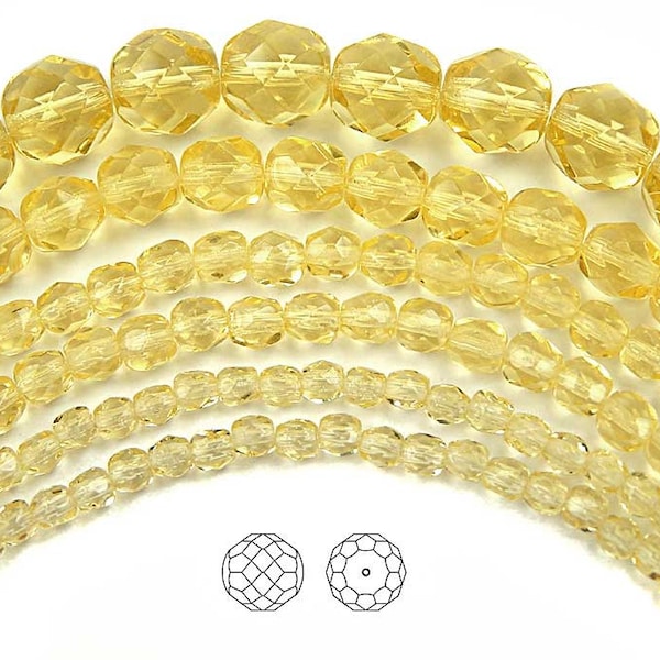 Jonquil Czech Fire Polished Round Faceted Glass Beads 16 inch 3mm 4mm 6mm 8mm 10mm 12mm Traditional Preciosa Pale Yellow Fire Polish Beads