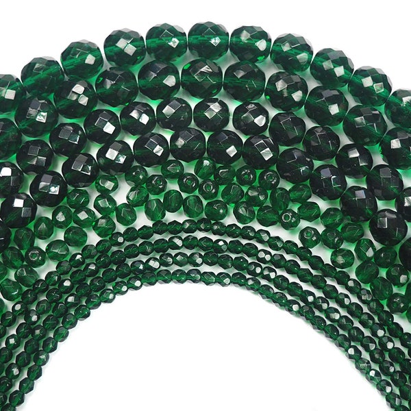 Medium Emerald green Czech Fire Polished Round Faceted Glass Beads 16 inch 3mm 4mm 6mm 8mm 10mm 12mm Traditional Preciosa Green Beads