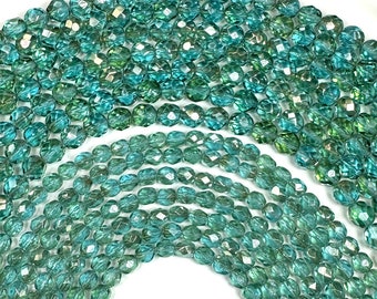 Aqua Celsian coated Czech Fire Polished Round Faceted Glass Beads Traditional light blue green beads w silvery metallic coat 4mm 6mm 8mm