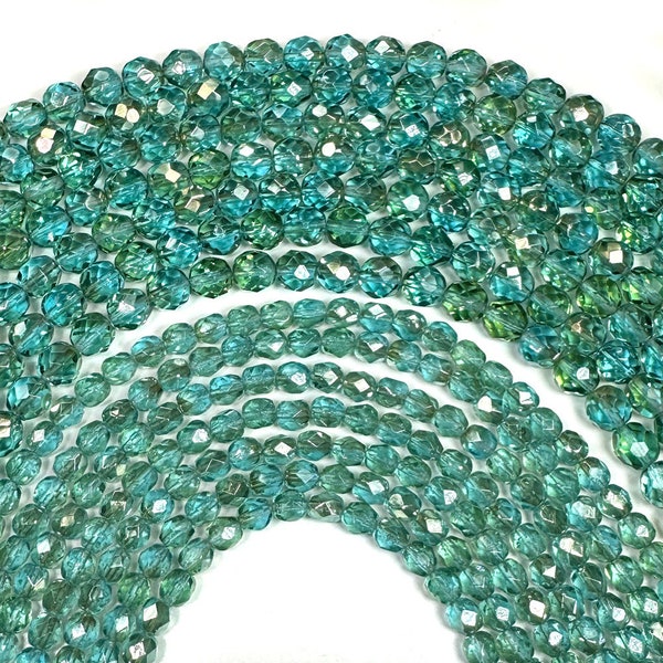 Aqua Celsian coated Czech Fire Polished Round Faceted Glass Beads Traditional light blue green beads w silvery metallic coat 4mm 6mm 8mm