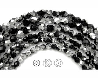 Jet Labrador CAL half coated Czech Fire Polished Round Faceted Glass Beads 16 inch 3mm 4mm 6mm 8mm Traditional Preciosa black silver metalli