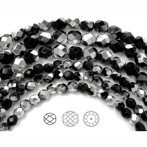 Jet Labrador CAL half coated Czech Fire Polished Round Faceted Glass Beads 16 inch 3mm 4mm 6mm 8mm Traditional Preciosa black silver metalli